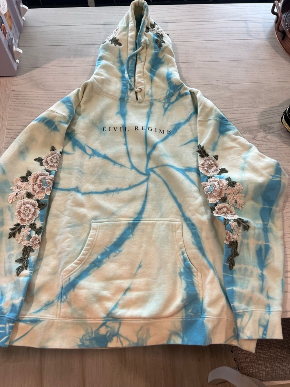 Civil Regime Tie-Dye Hoodie with Floral Embroidery - Blue & Cream